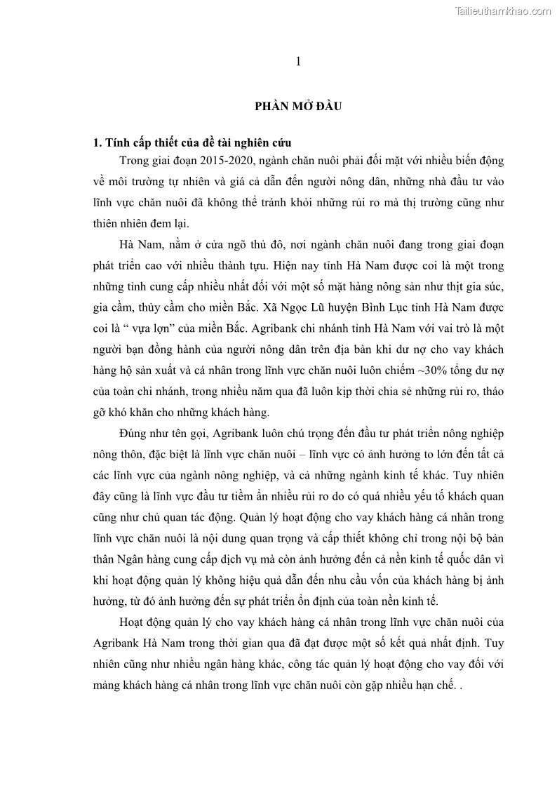 Luận văn thạc sĩ kinh tế Quản lý cho vay khách hàng cá nhân trong lĩnh vực chăn nuôi tại Ngân hàng Nông nghiệp và Phát triển nông thôn Việt Nam - Chi nhánh tỉnh Hà Nam - 1 Trang 11