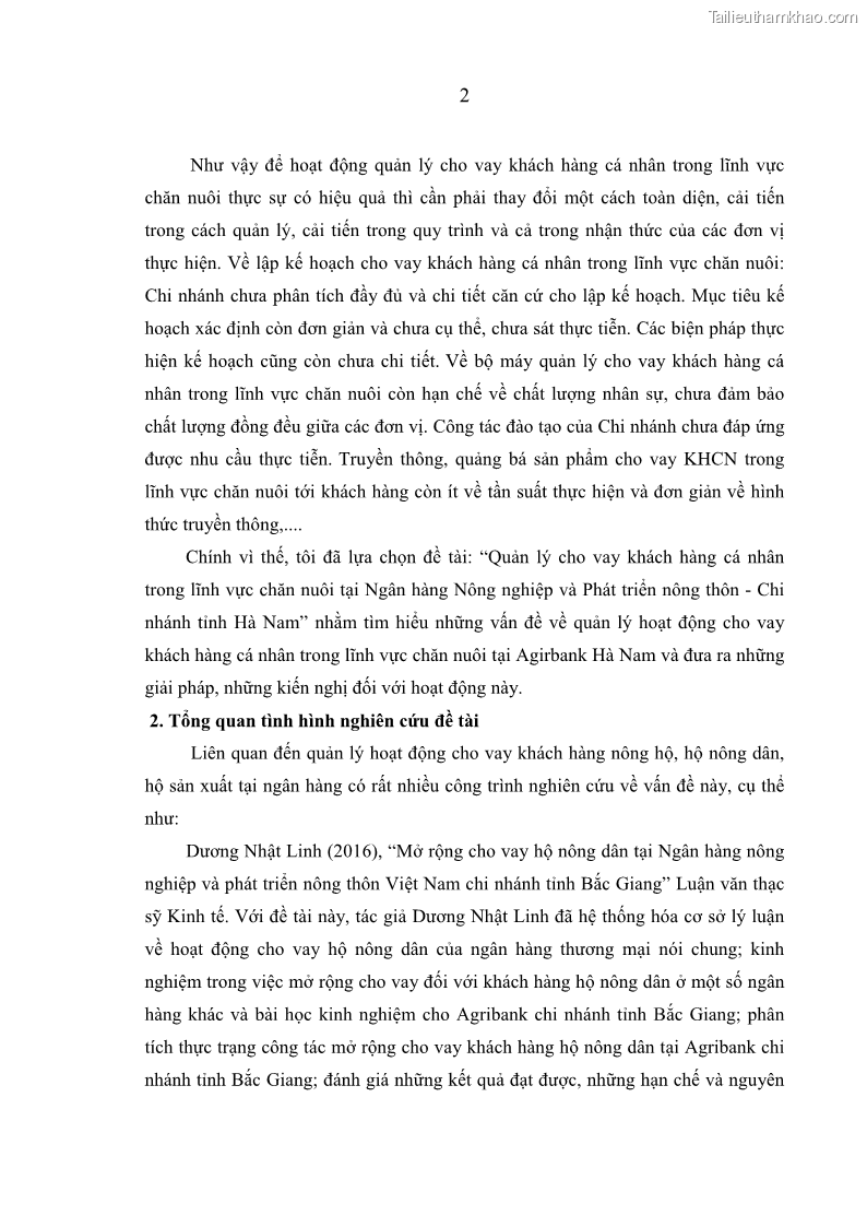 Luận văn thạc sĩ kinh tế Quản lý cho vay khách hàng cá nhân trong lĩnh vực chăn nuôi tại Ngân hàng Nông nghiệp và Phát triển nông thôn Việt Nam - Chi nhánh tỉnh Hà Nam - 1 Trang 12