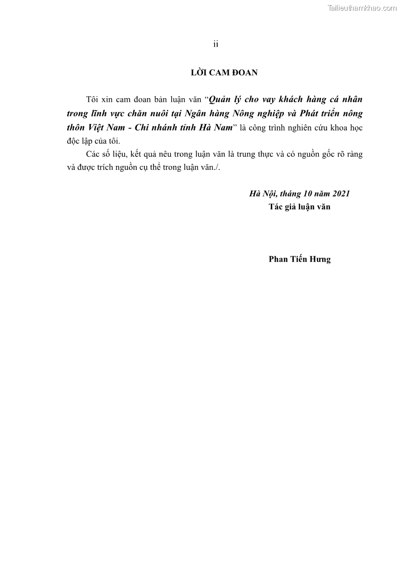 Luận văn thạc sĩ kinh tế Quản lý cho vay khách hàng cá nhân trong lĩnh vực chăn nuôi tại Ngân hàng Nông nghiệp và Phát triển nông thôn Việt Nam - Chi nhánh tỉnh Hà Nam - 1 Trang 4