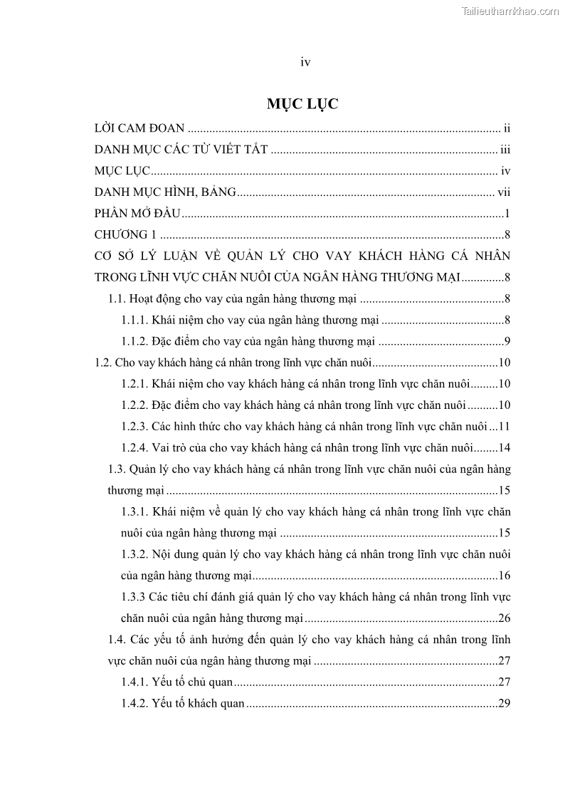 Luận văn thạc sĩ kinh tế Quản lý cho vay khách hàng cá nhân trong lĩnh vực chăn nuôi tại Ngân hàng Nông nghiệp và Phát triển nông thôn Việt Nam - Chi nhánh tỉnh Hà Nam - 1 Trang 6