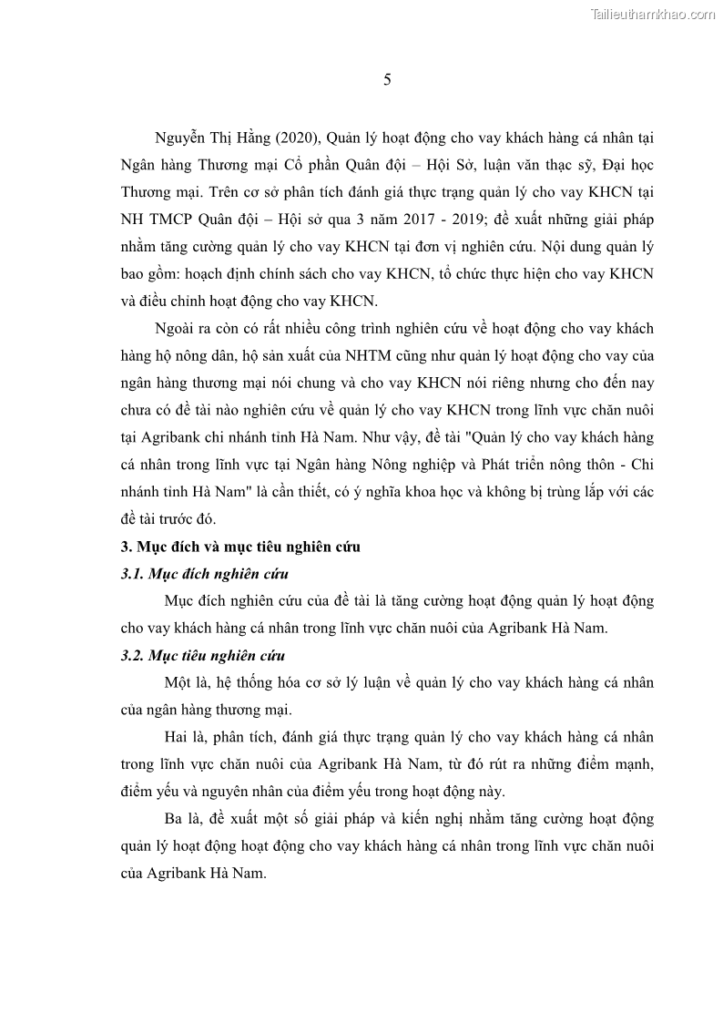 Luận văn thạc sĩ kinh tế Quản lý cho vay khách hàng cá nhân trong lĩnh vực chăn nuôi tại Ngân hàng Nông nghiệp và Phát triển nông thôn Việt Nam - Chi nhánh tỉnh Hà Nam - 2 Trang 15