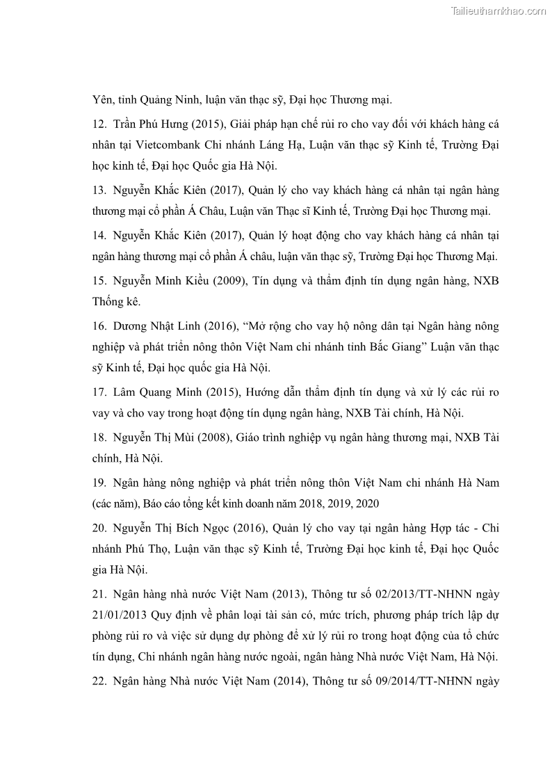 Luận văn thạc sĩ kinh tế Quản lý cho vay khách hàng cá nhân trong lĩnh vực chăn nuôi tại Ngân hàng Nông nghiệp và Phát triển nông thôn Việt Nam - Chi nhánh tỉnh Hà Nam - 8 Trang 95