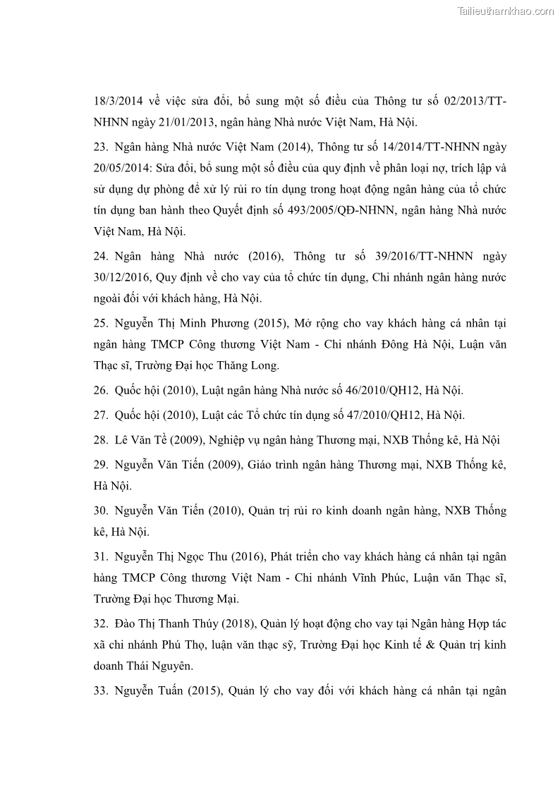 Luận văn thạc sĩ kinh tế Quản lý cho vay khách hàng cá nhân trong lĩnh vực chăn nuôi tại Ngân hàng Nông nghiệp và Phát triển nông thôn Việt Nam - Chi nhánh tỉnh Hà Nam - 8 Trang 96