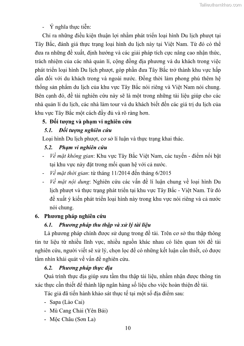 Khóa luận tốt nghiệp văn hóa du lịch Tìm hiểu loại hình du lịch phượt trong giới trẻ hiện nay – Khảo sát qua một số điểm du lịch tiêu biểu tại Tây Bắc - 1 Trang 10