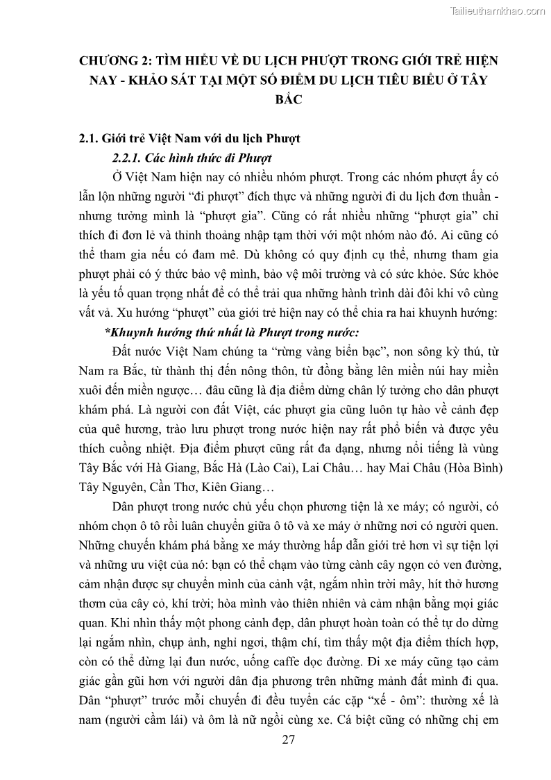 Khóa luận tốt nghiệp văn hóa du lịch Tìm hiểu loại hình du lịch phượt trong giới trẻ hiện nay – Khảo sát qua một số điểm du lịch tiêu biểu tại Tây Bắc - 3 Trang 27