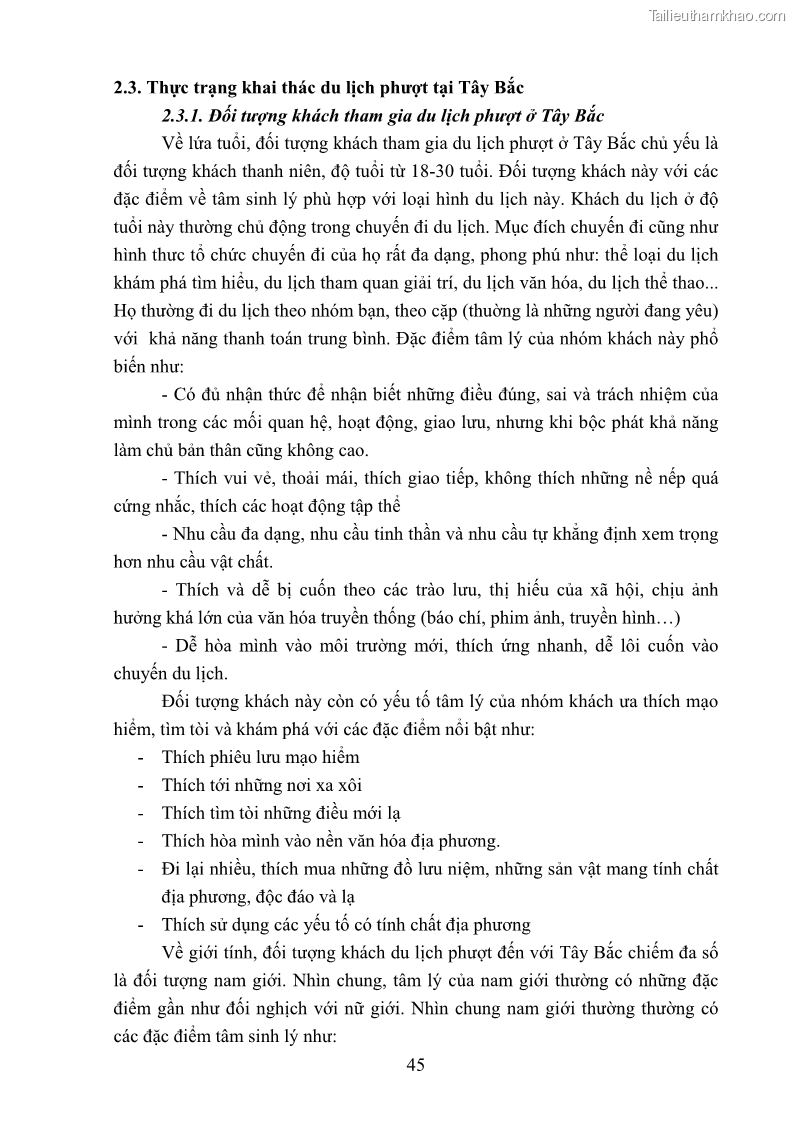 Khóa luận tốt nghiệp văn hóa du lịch Tìm hiểu loại hình du lịch phượt trong giới trẻ hiện nay – Khảo sát qua một số điểm du lịch tiêu biểu tại Tây Bắc - 4 Trang 45