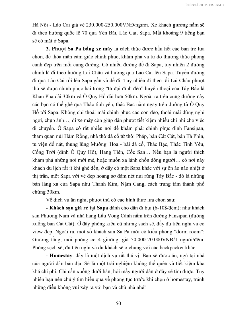 Khóa luận tốt nghiệp văn hóa du lịch Tìm hiểu loại hình du lịch phượt trong giới trẻ hiện nay – Khảo sát qua một số điểm du lịch tiêu biểu tại Tây Bắc - 5 Trang 50