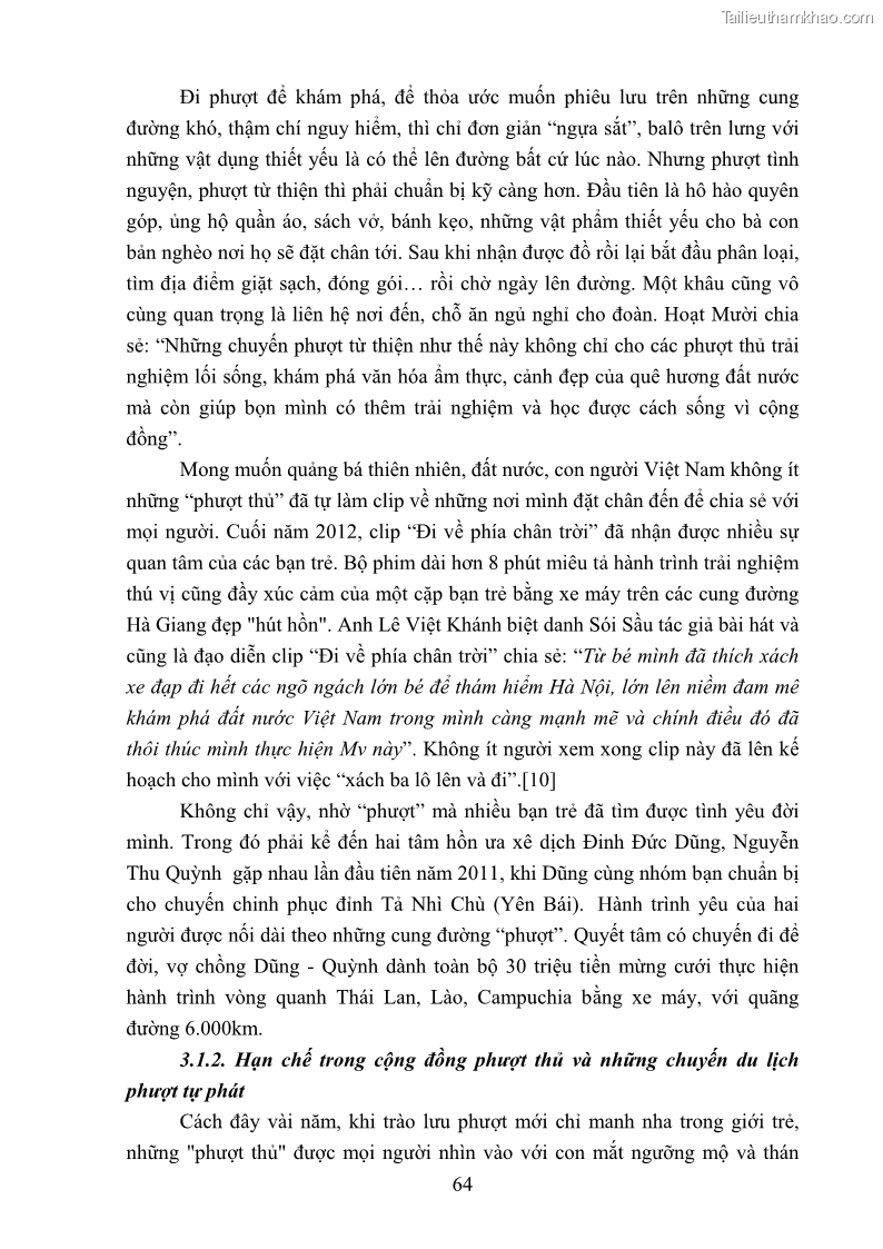 Khóa luận tốt nghiệp văn hóa du lịch Tìm hiểu loại hình du lịch phượt trong giới trẻ hiện nay – Khảo sát qua một số điểm du lịch tiêu biểu tại Tây Bắc - 6 Trang 64