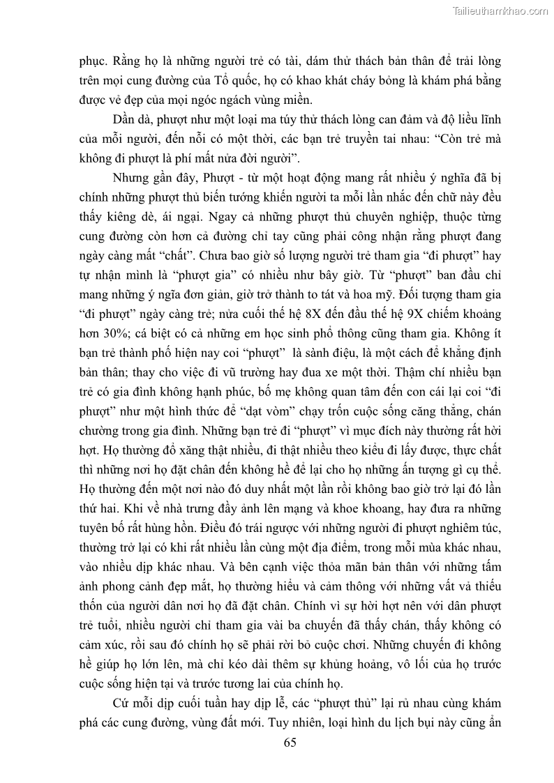 Khóa luận tốt nghiệp văn hóa du lịch Tìm hiểu loại hình du lịch phượt trong giới trẻ hiện nay – Khảo sát qua một số điểm du lịch tiêu biểu tại Tây Bắc - 6 Trang 65