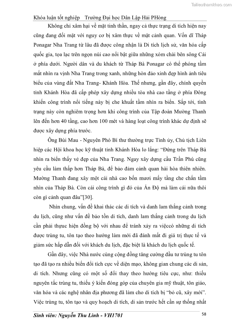 Khóa luận tốt nghiệp văn hóa du lịch Tìm hiểu thực trạng và đề xuất giải pháp khai thác phát triển du lịch đối với Tháp Bà - Lễ hội Tháp Bà ở Nha Trang - 6 Trang 68