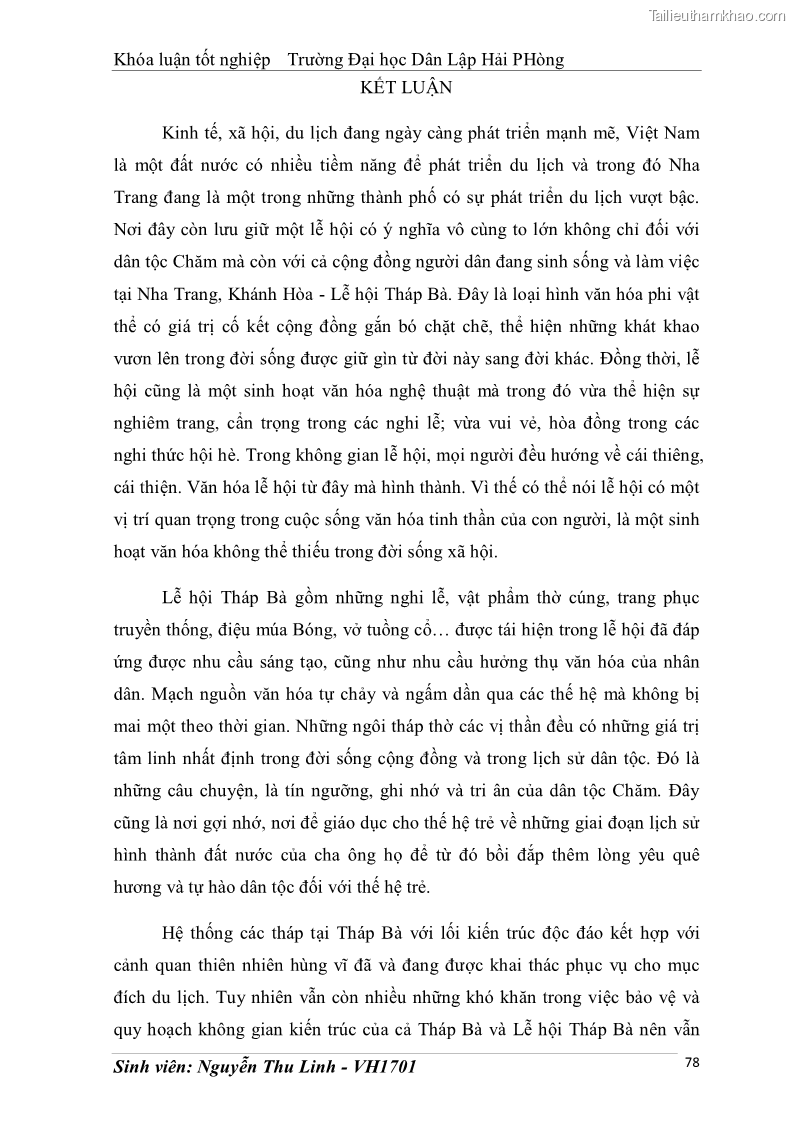 Khóa luận tốt nghiệp văn hóa du lịch Tìm hiểu thực trạng và đề xuất giải pháp khai thác phát triển du lịch đối với Tháp Bà - Lễ hội Tháp Bà ở Nha Trang - 8 Trang 88
