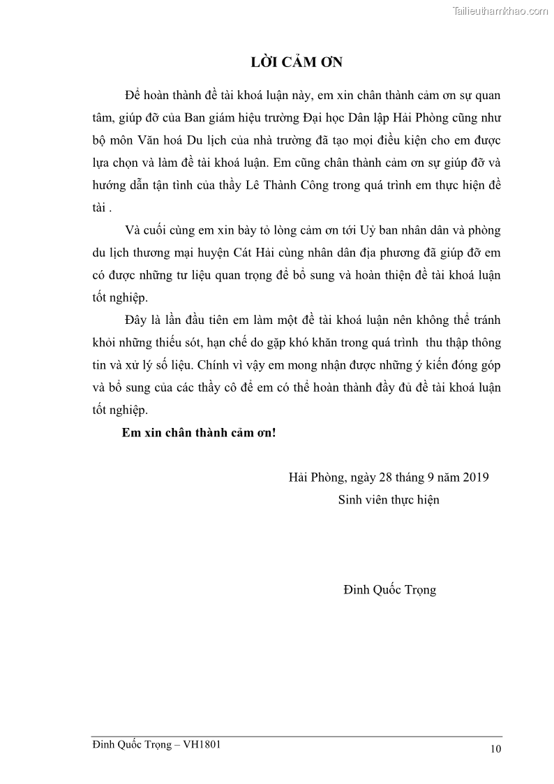 Khóa luận tốt nghiệp việt nam học Thực trạng kinh doanh du lịch và những giải pháp nhằm nâng cao chất lượng của hệ thống khách sạn, nhà nghỉ ở Cát Bà - 1 Trang 10