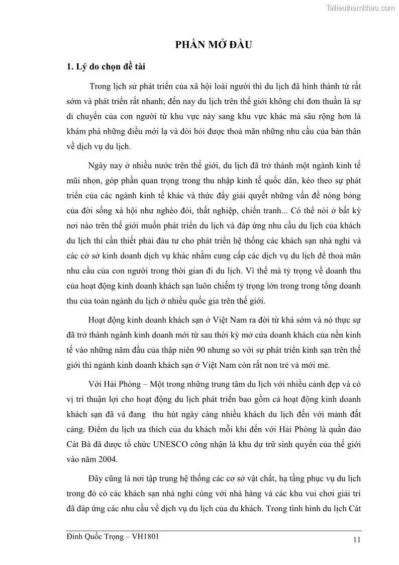 Khóa luận tốt nghiệp việt nam học Thực trạng kinh doanh du lịch và những giải pháp nhằm nâng cao chất lượng của hệ thống khách sạn, nhà nghỉ ở Cát Bà - 1 Trang 11