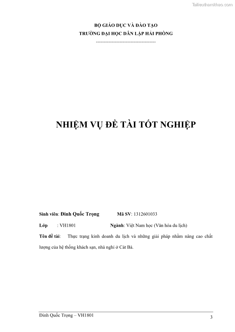 Khóa luận tốt nghiệp việt nam học Thực trạng kinh doanh du lịch và những giải pháp nhằm nâng cao chất lượng của hệ thống khách sạn, nhà nghỉ ở Cát Bà - 1 Trang 3
