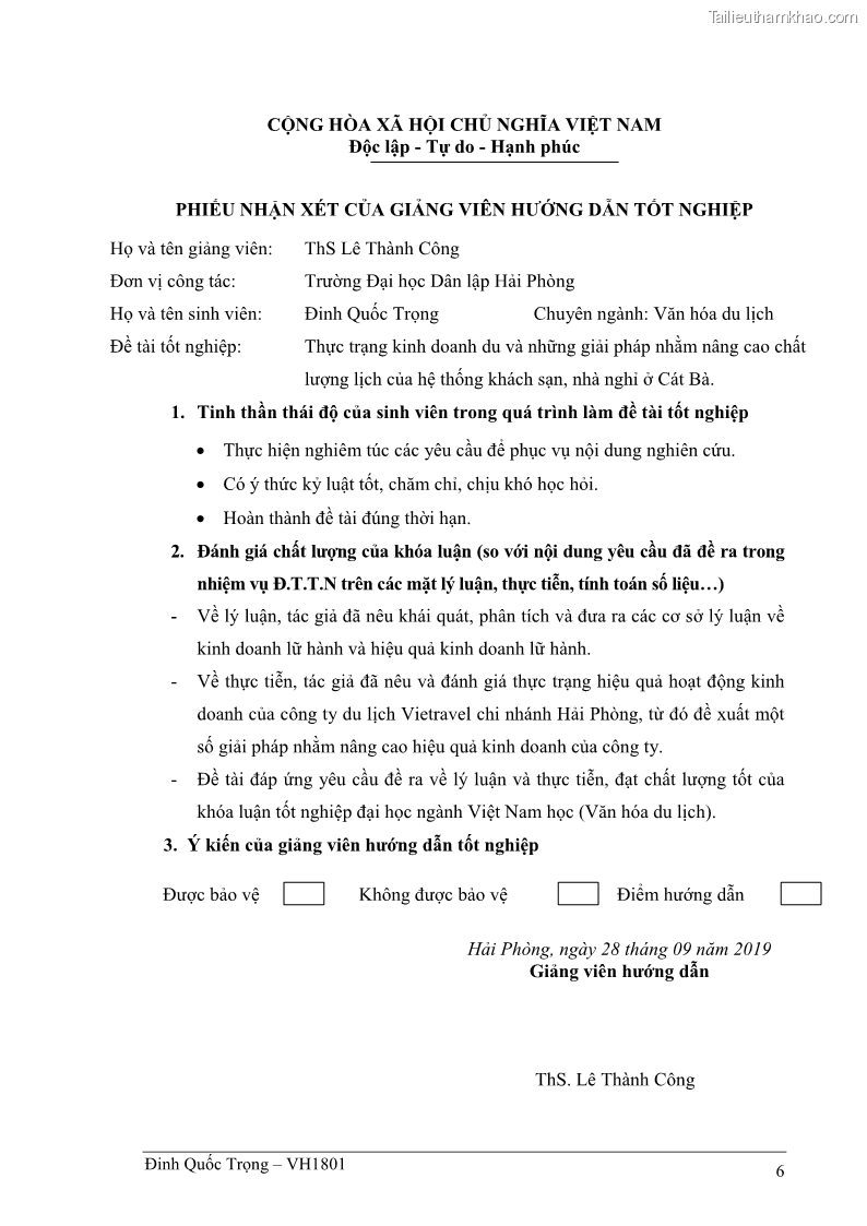 Khóa luận tốt nghiệp việt nam học Thực trạng kinh doanh du lịch và những giải pháp nhằm nâng cao chất lượng của hệ thống khách sạn, nhà nghỉ ở Cát Bà - 1 Trang 6