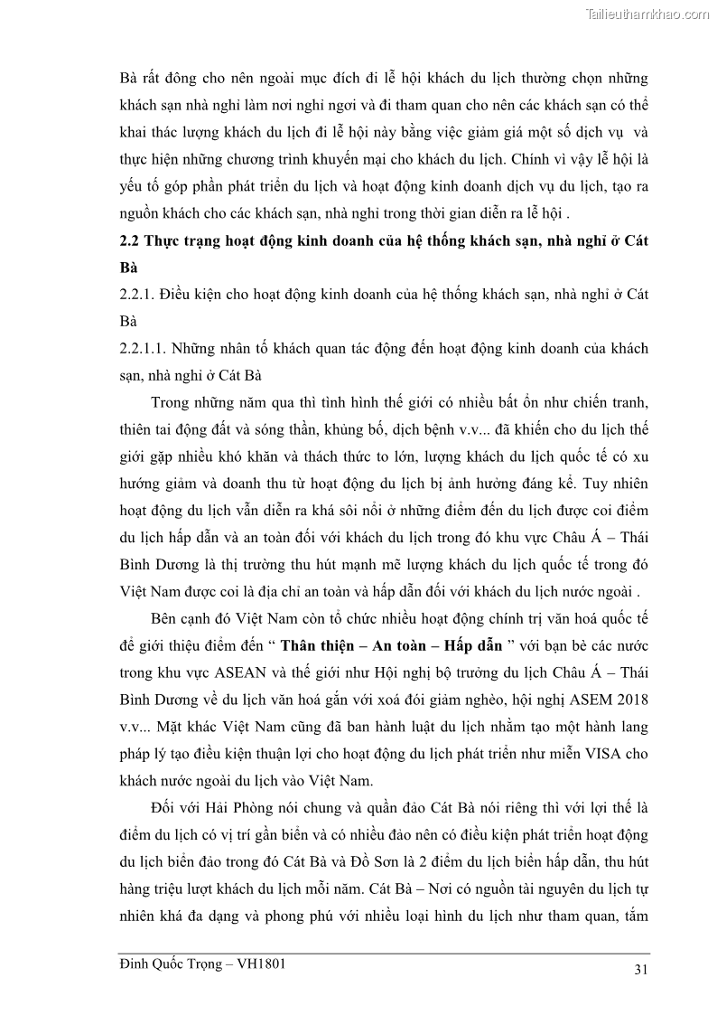 Khóa luận tốt nghiệp việt nam học Thực trạng kinh doanh du lịch và những giải pháp nhằm nâng cao chất lượng của hệ thống khách sạn, nhà nghỉ ở Cát Bà - 3 Trang 31