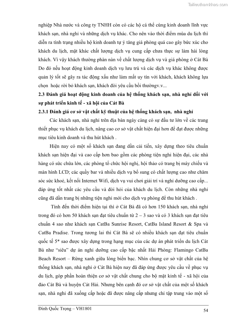Khóa luận tốt nghiệp việt nam học Thực trạng kinh doanh du lịch và những giải pháp nhằm nâng cao chất lượng của hệ thống khách sạn, nhà nghỉ ở Cát Bà - 5 Trang 54