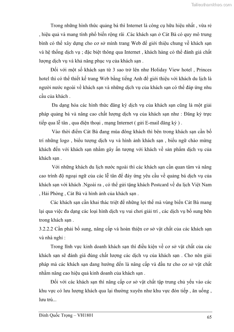 Khóa luận tốt nghiệp việt nam học Thực trạng kinh doanh du lịch và những giải pháp nhằm nâng cao chất lượng của hệ thống khách sạn, nhà nghỉ ở Cát Bà - 6 Trang 65
