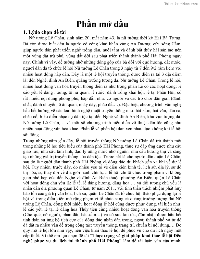 Khóa luận tốt nghiệp việt nam học Thực trạng và giải pháp khai thác lễ hội đền Nghè phục vụ du lịch tại thành phố Hải Phòng - 2 Trang 13