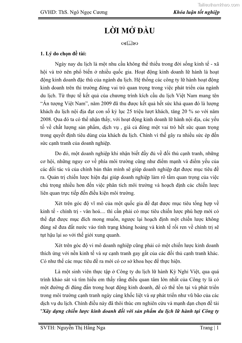 Khóa luận tốt nghiệp Xây dựng chiến lược kinh doanh đối với sản phẩm du lịch lữ hành tại Công ty Kỳ Nghỉ Việt giai đoạn 2012 - 2016 - 1 Trang 11