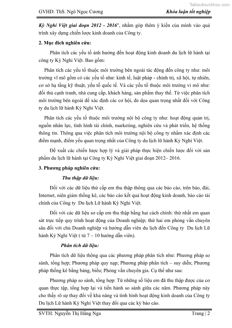 Khóa luận tốt nghiệp Xây dựng chiến lược kinh doanh đối với sản phẩm du lịch lữ hành tại Công ty Kỳ Nghỉ Việt giai đoạn 2012 - 2016 - 1 Trang 12