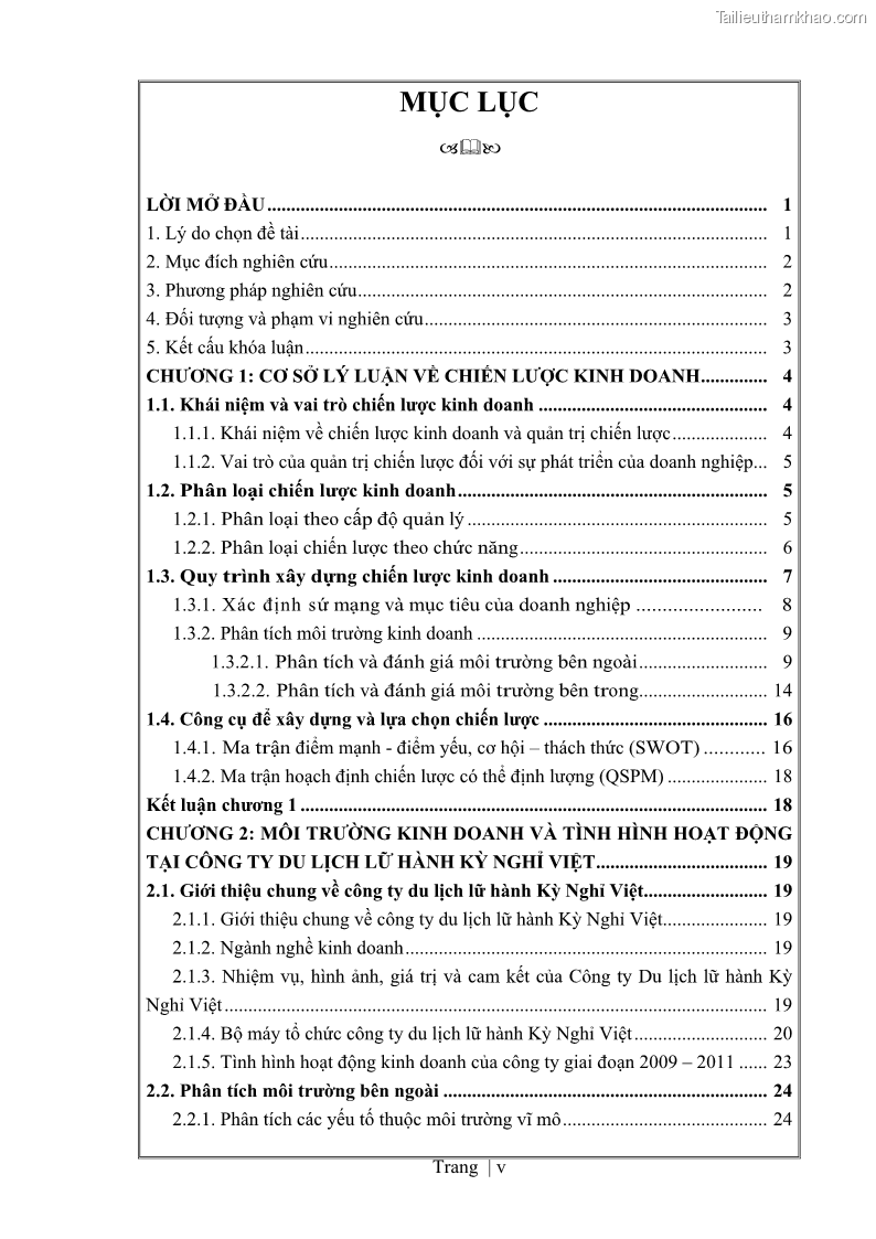 Khóa luận tốt nghiệp Xây dựng chiến lược kinh doanh đối với sản phẩm du lịch lữ hành tại Công ty Kỳ Nghỉ Việt giai đoạn 2012 - 2016 - 1 Trang 6