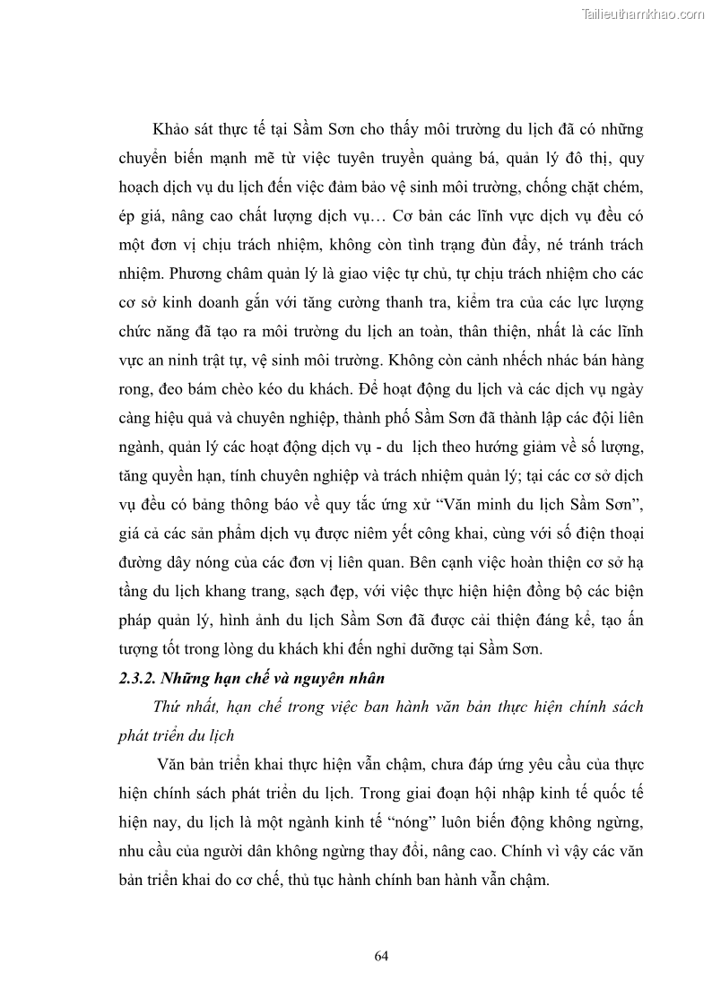 Luận văn thạc sĩ chính sách công Chính sách phát triển du lịch ở Sầm Sơn, tỉnh Thanh Hoá - 6 Trang 72