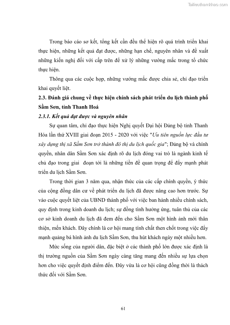 Luận văn thạc sĩ chính sách công Chính sách phát triển du lịch ở Sầm Sơn, tỉnh Thanh Hoá - 6 Trang 69