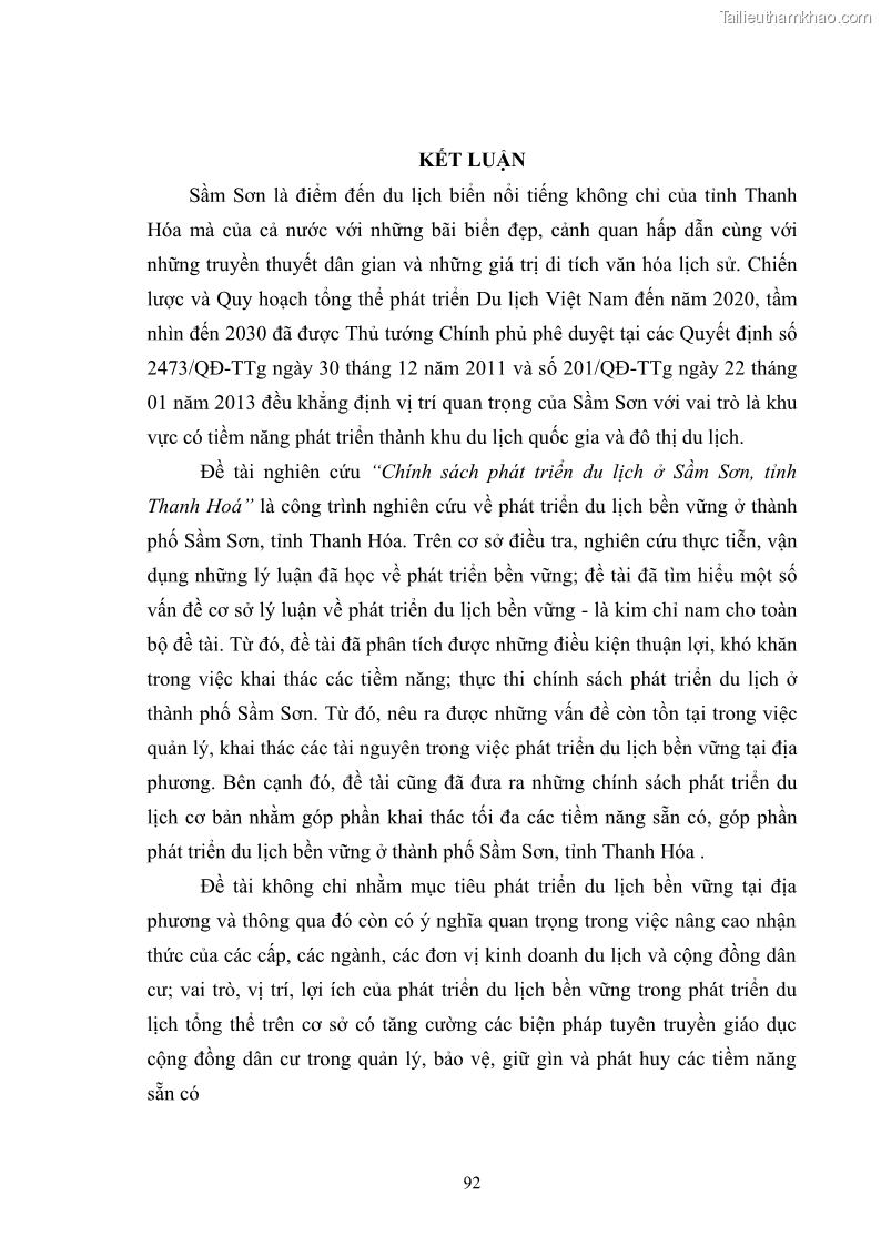 Luận văn thạc sĩ chính sách công Chính sách phát triển du lịch ở Sầm Sơn, tỉnh Thanh Hoá - 9 Trang 100