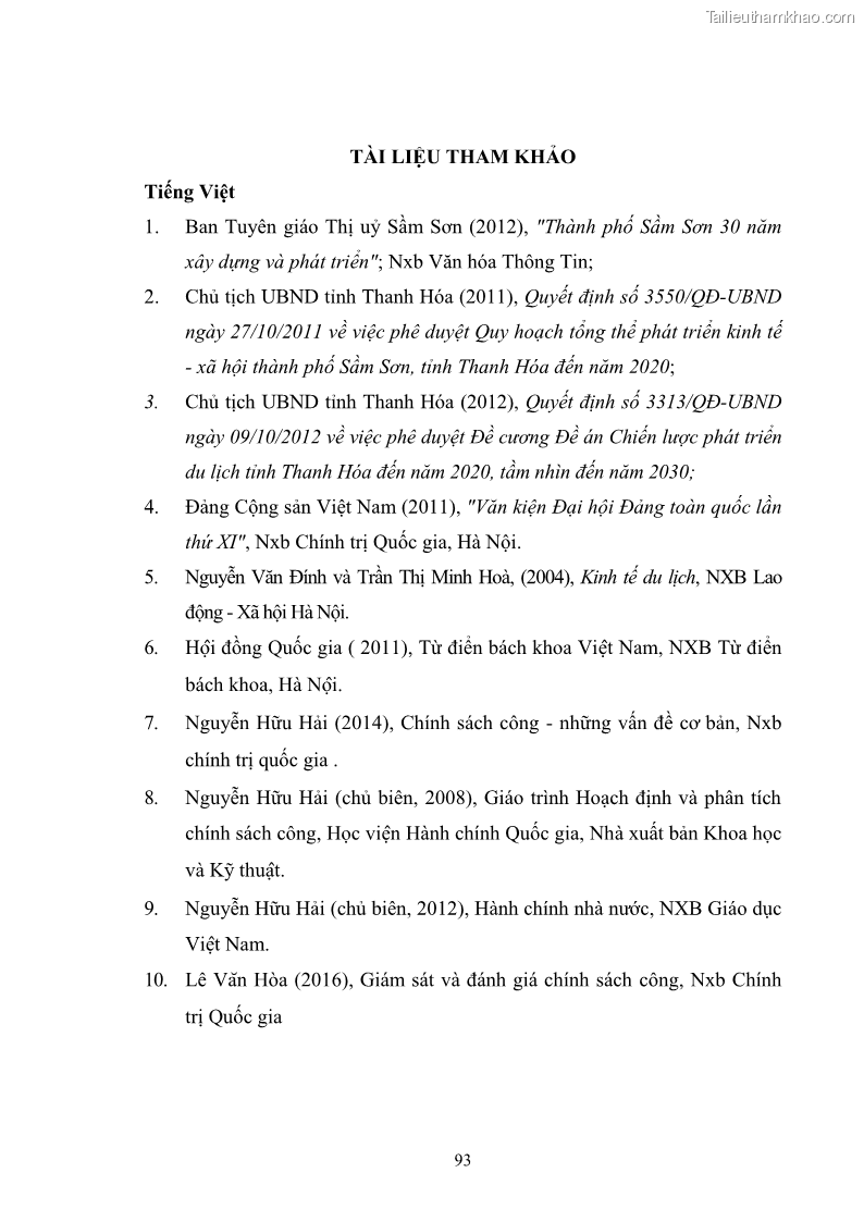 Luận văn thạc sĩ chính sách công Chính sách phát triển du lịch ở Sầm Sơn, tỉnh Thanh Hoá - 9 Trang 101