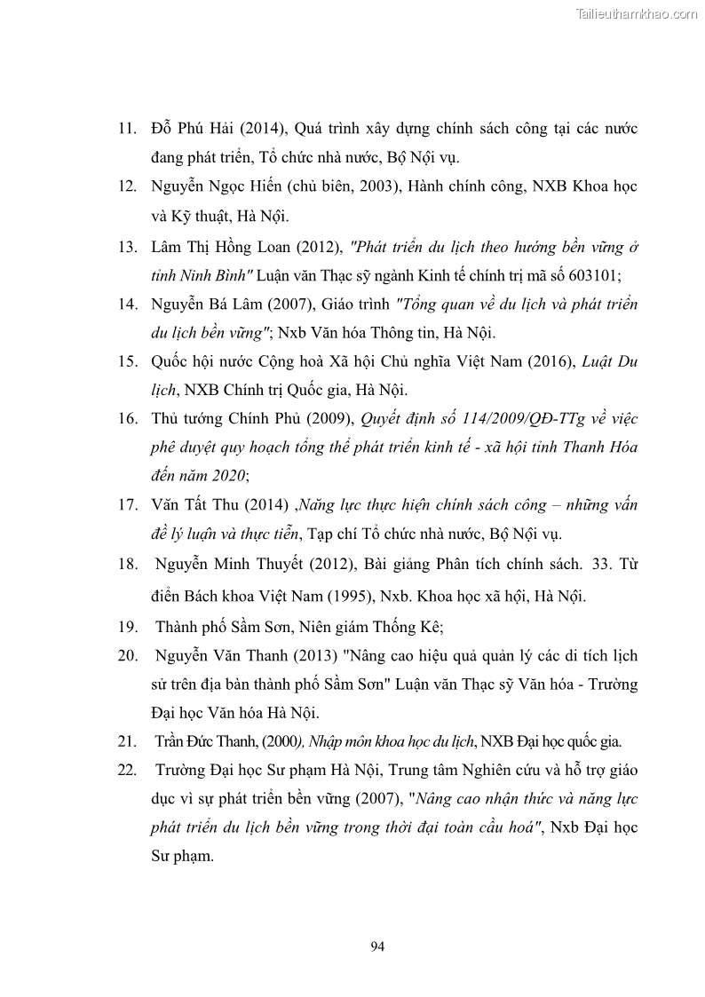 Luận văn thạc sĩ chính sách công Chính sách phát triển du lịch ở Sầm Sơn, tỉnh Thanh Hoá - 9 Trang 102