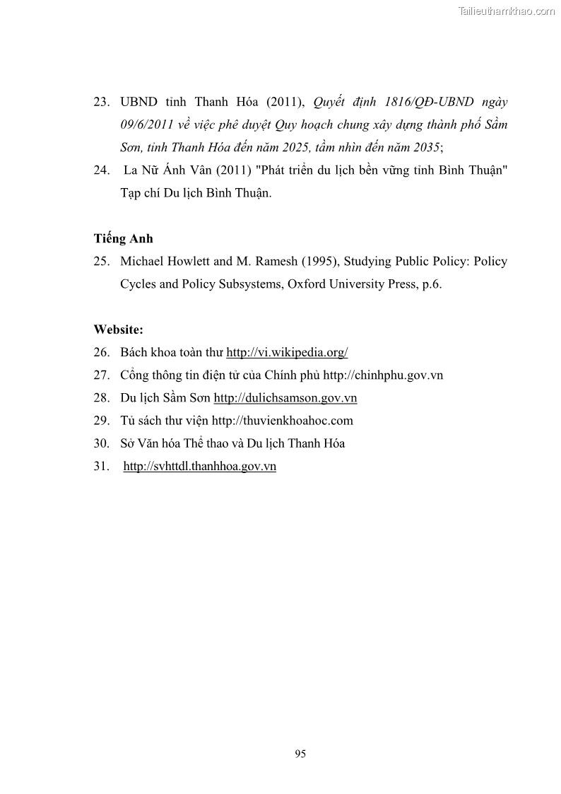 Luận văn thạc sĩ chính sách công Chính sách phát triển du lịch ở Sầm Sơn, tỉnh Thanh Hoá - 9 Trang 103