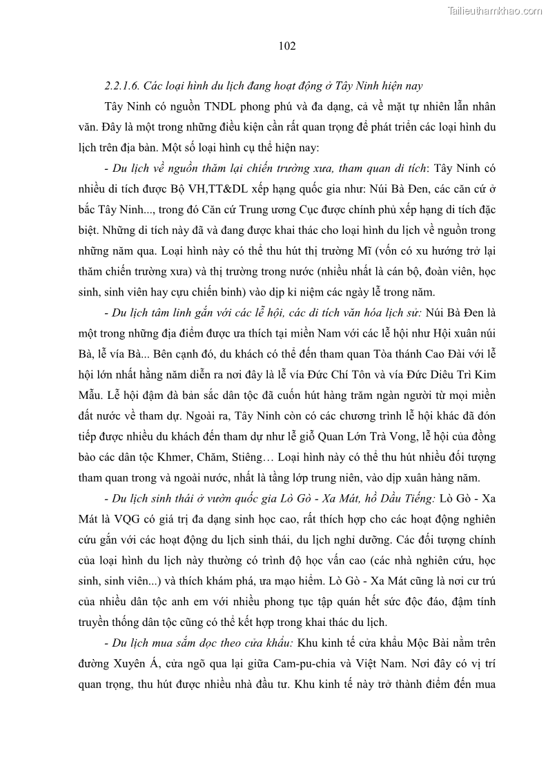 Luận án tiến sĩ địa lý học Phát triển du lịch tỉnh Tây Ninh thời kì hội nhập - 10 Trang 113