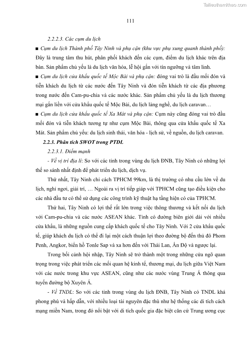 Luận án tiến sĩ địa lý học Phát triển du lịch tỉnh Tây Ninh thời kì hội nhập - 11 Trang 122