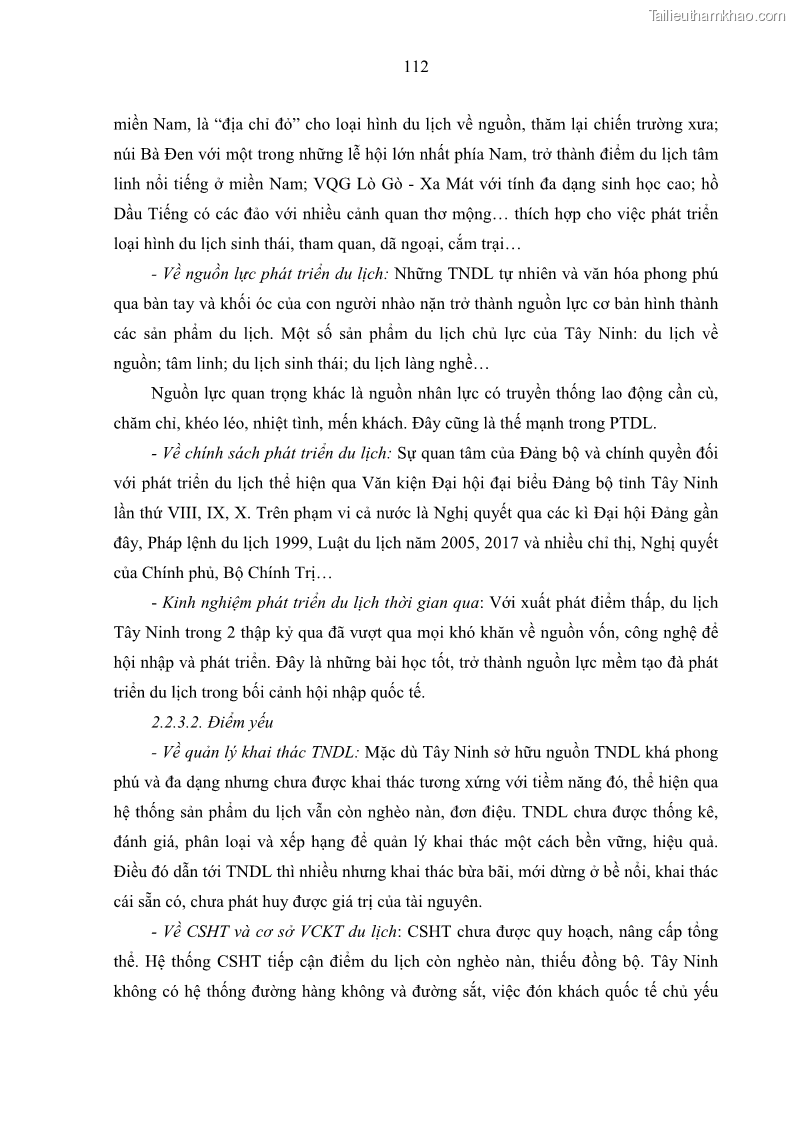 Luận án tiến sĩ địa lý học Phát triển du lịch tỉnh Tây Ninh thời kì hội nhập - 11 Trang 123