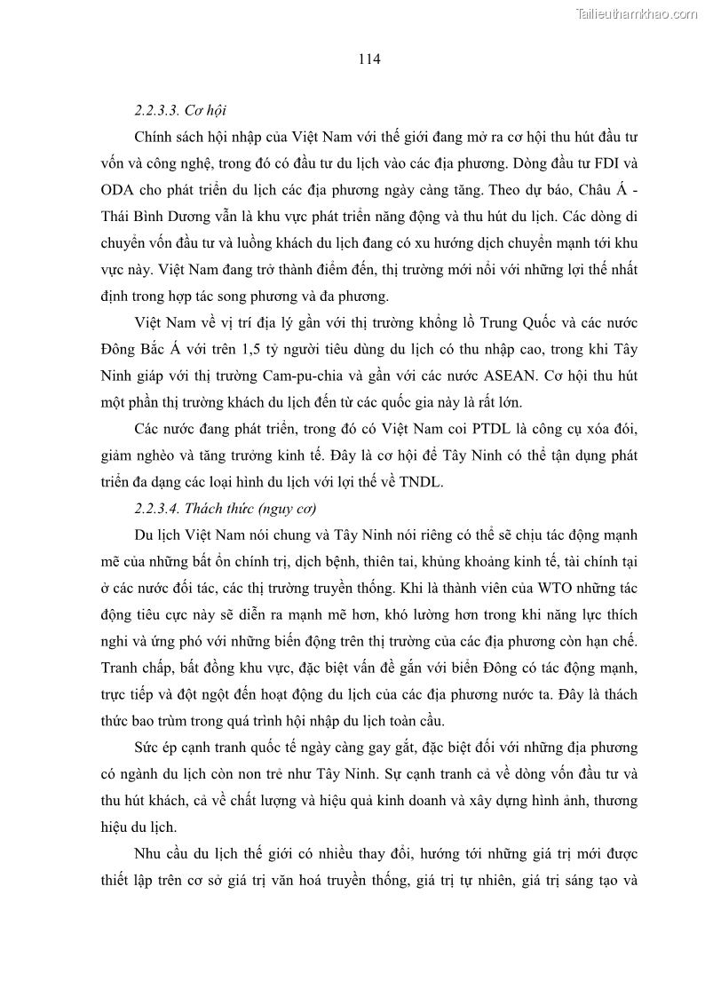 Luận án tiến sĩ địa lý học Phát triển du lịch tỉnh Tây Ninh thời kì hội nhập - 11 Trang 125