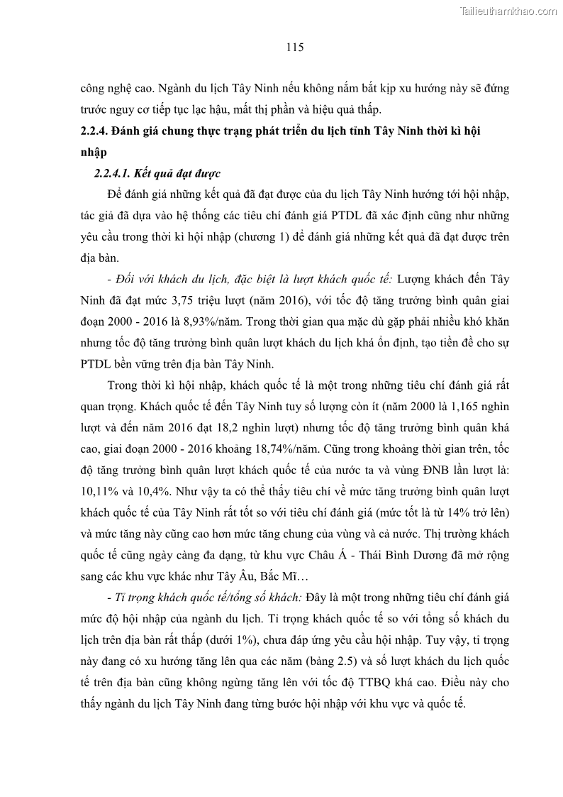 Luận án tiến sĩ địa lý học Phát triển du lịch tỉnh Tây Ninh thời kì hội nhập - 11 Trang 126