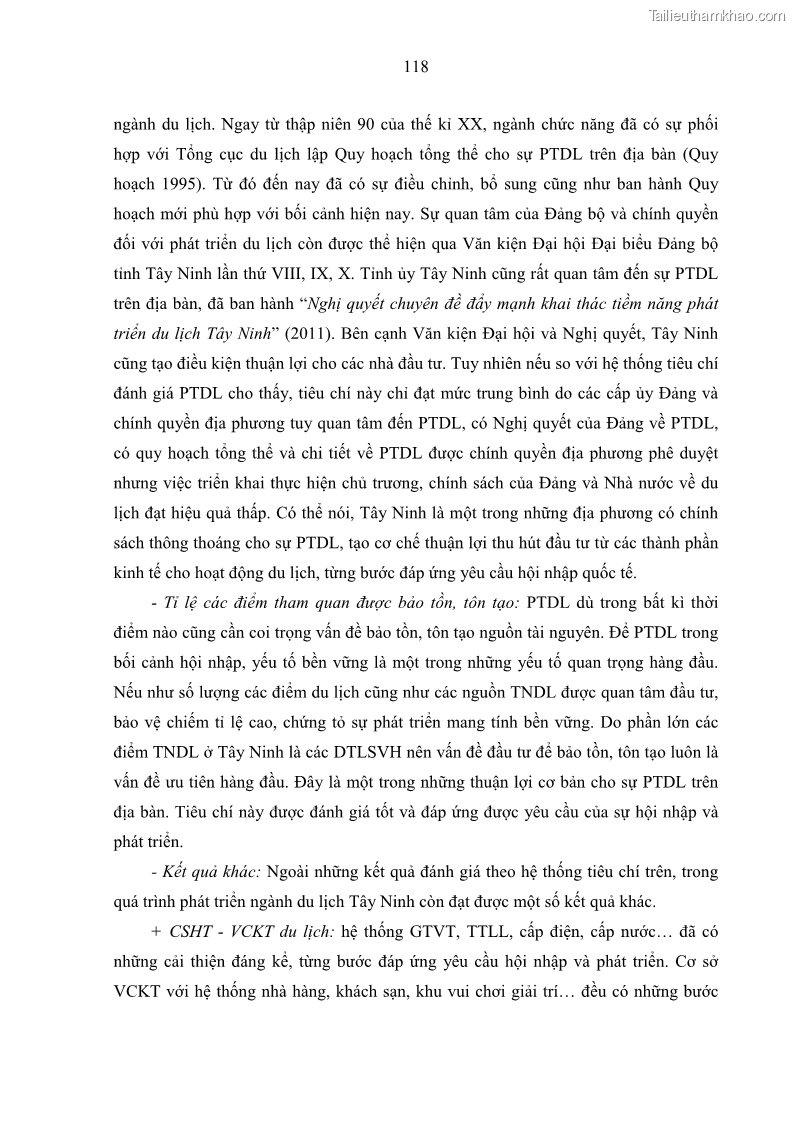 Luận án tiến sĩ địa lý học Phát triển du lịch tỉnh Tây Ninh thời kì hội nhập - 11 Trang 129