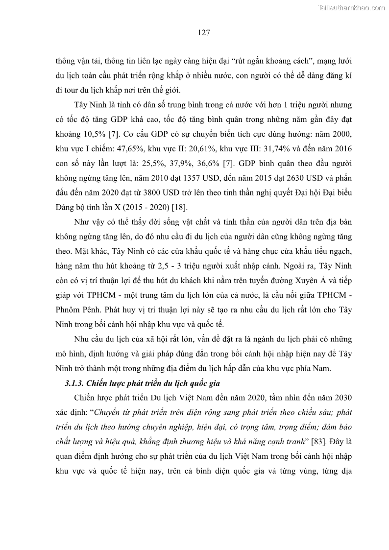 Luận án tiến sĩ địa lý học Phát triển du lịch tỉnh Tây Ninh thời kì hội nhập - 12 Trang 138