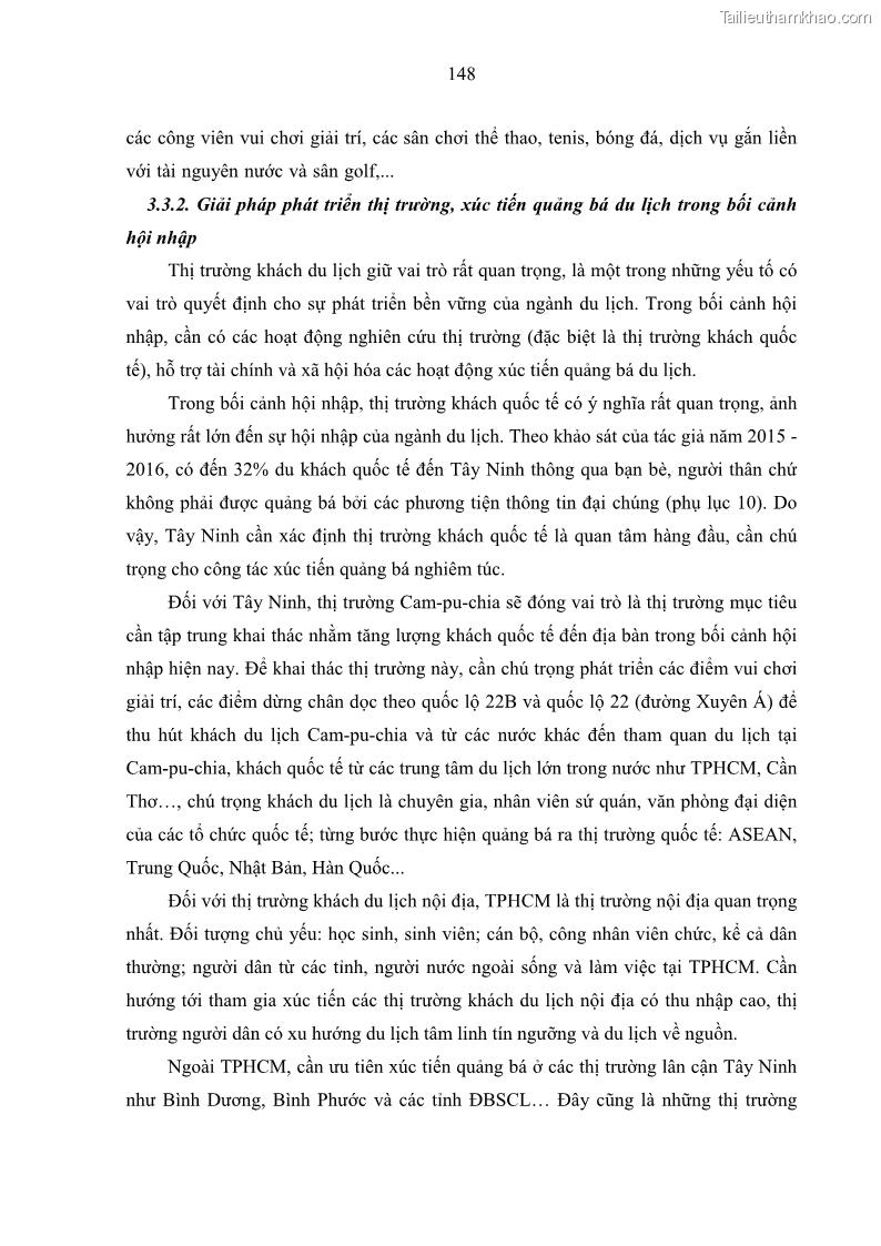 Luận án tiến sĩ địa lý học Phát triển du lịch tỉnh Tây Ninh thời kì hội nhập - 14 Trang 159