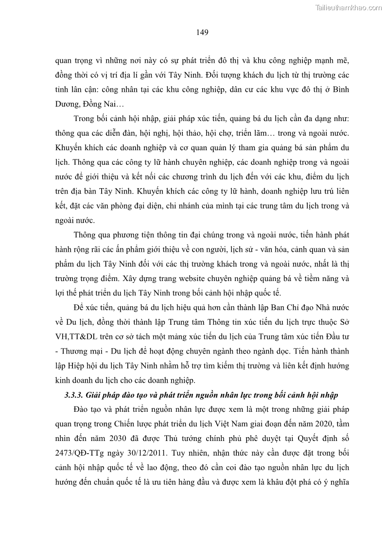 Luận án tiến sĩ địa lý học Phát triển du lịch tỉnh Tây Ninh thời kì hội nhập - 14 Trang 160