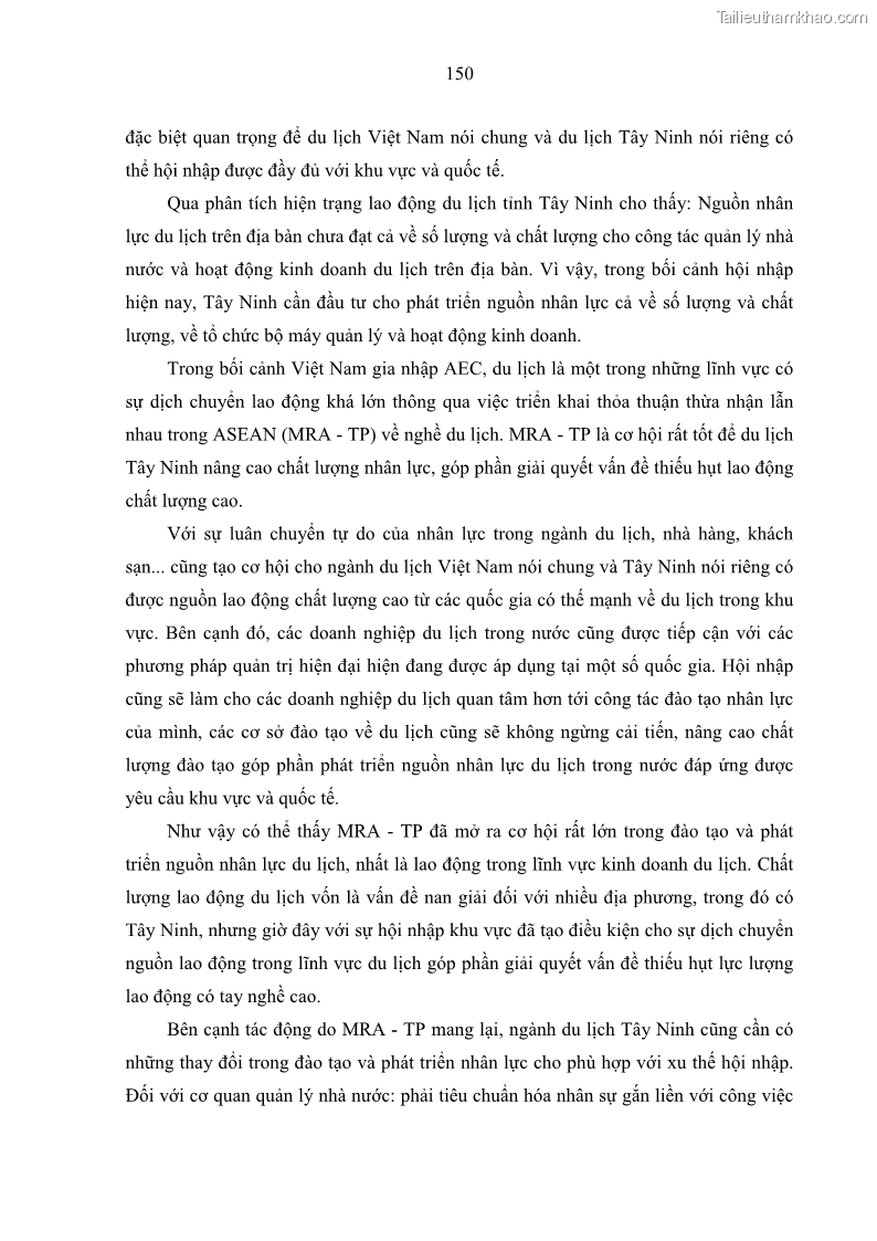 Luận án tiến sĩ địa lý học Phát triển du lịch tỉnh Tây Ninh thời kì hội nhập - 14 Trang 161