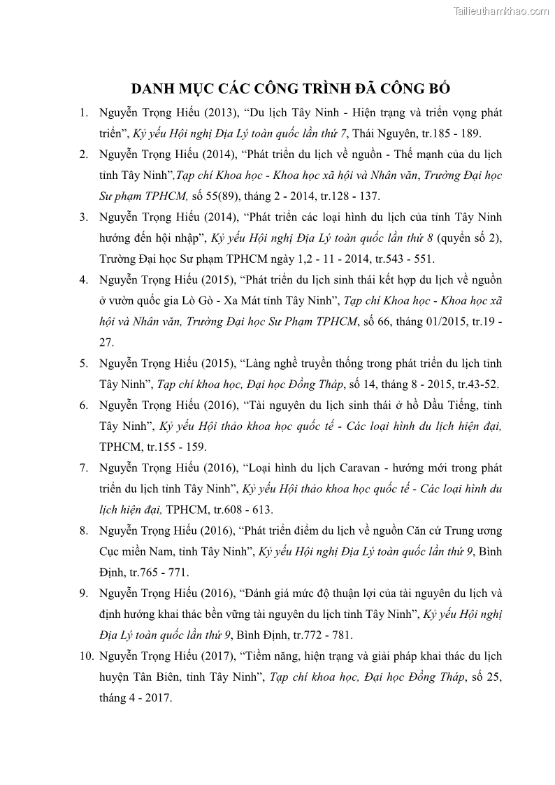Luận án tiến sĩ địa lý học Phát triển du lịch tỉnh Tây Ninh thời kì hội nhập - 15 Trang 180