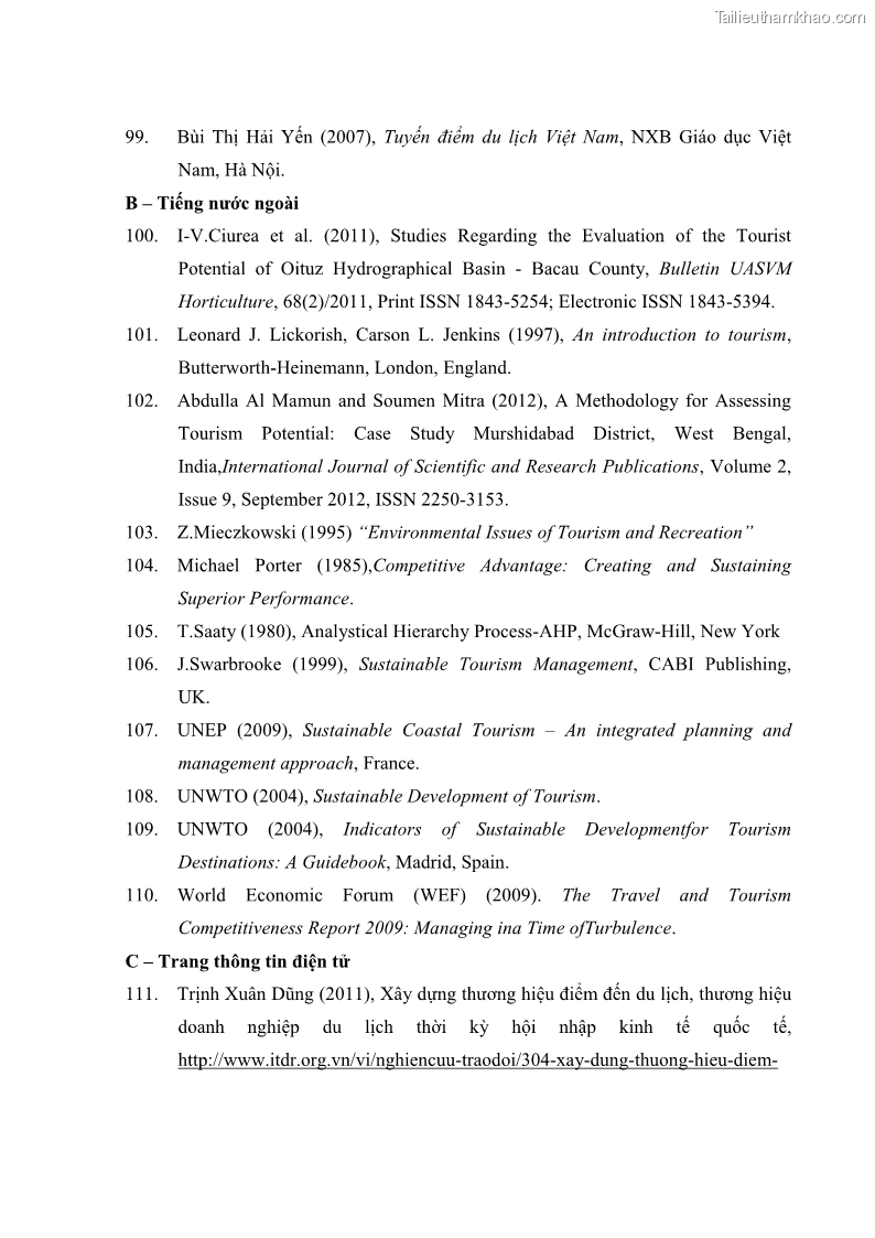 Luận án tiến sĩ địa lý học Phát triển du lịch tỉnh Tây Ninh thời kì hội nhập - 16 Trang 190