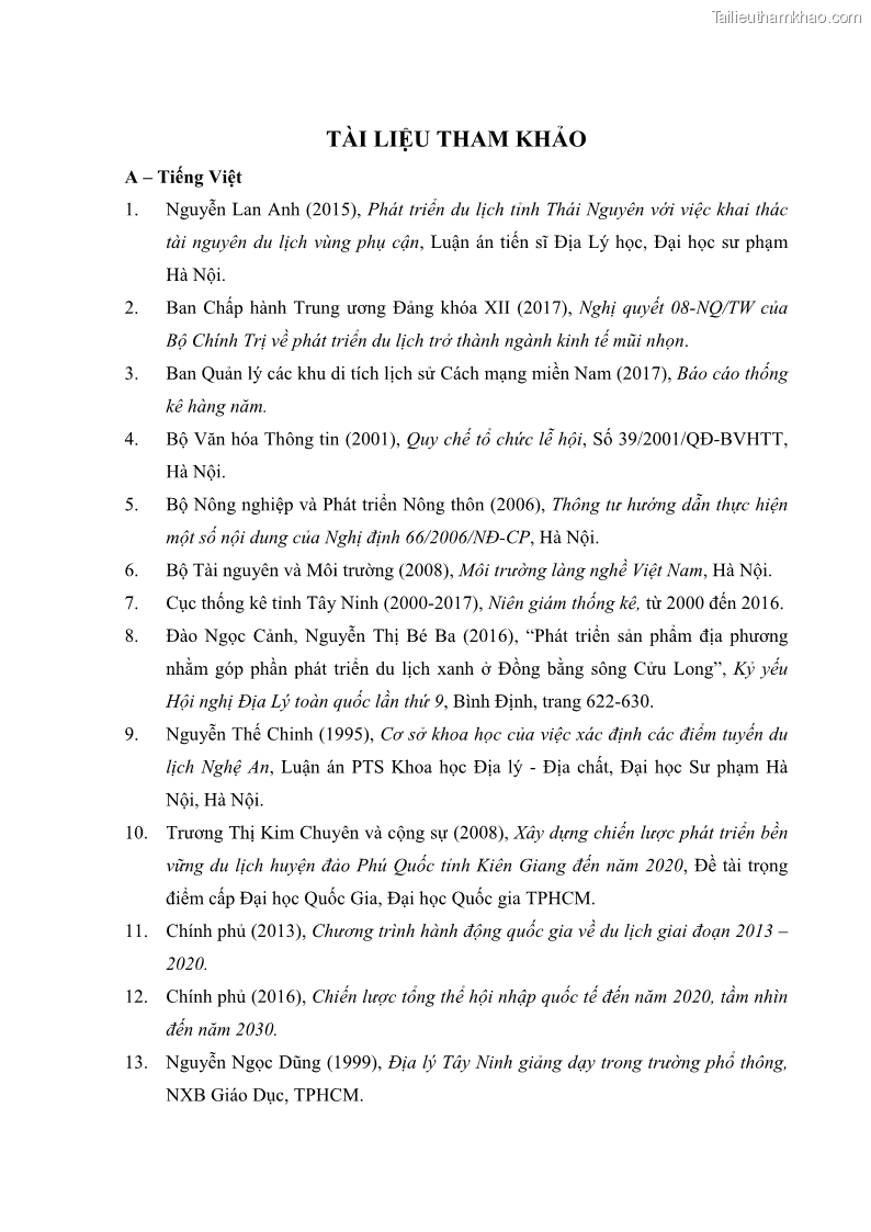 Luận án tiến sĩ địa lý học Phát triển du lịch tỉnh Tây Ninh thời kì hội nhập - 16 Trang 182