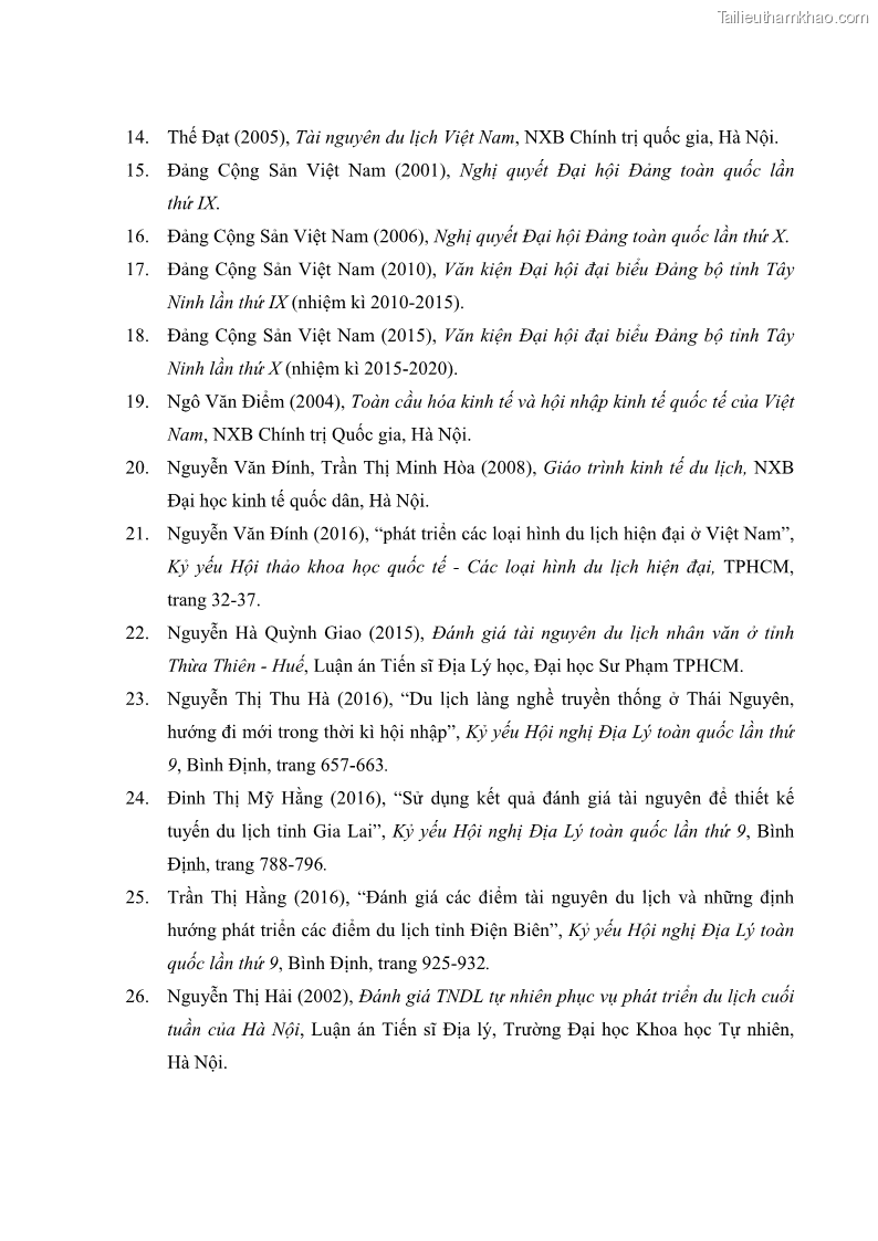 Luận án tiến sĩ địa lý học Phát triển du lịch tỉnh Tây Ninh thời kì hội nhập - 16 Trang 183