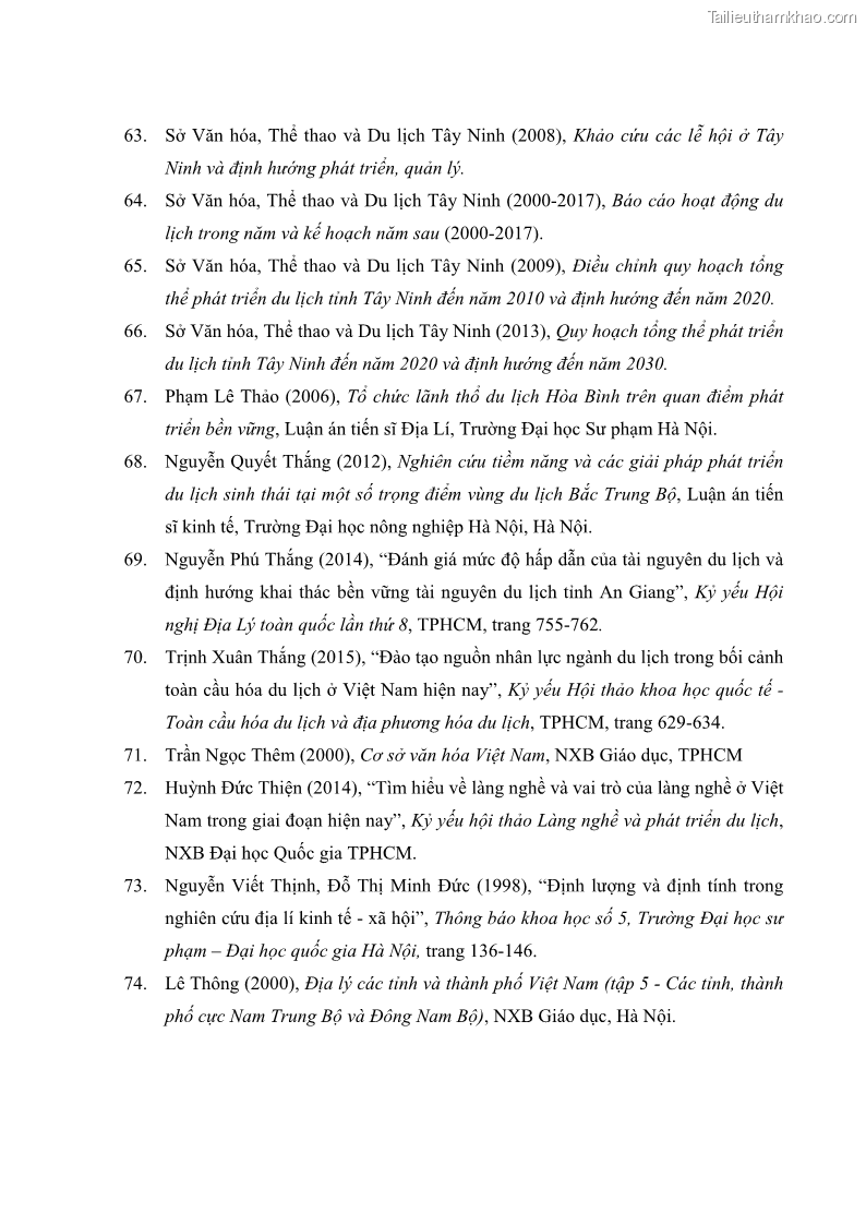 Luận án tiến sĩ địa lý học Phát triển du lịch tỉnh Tây Ninh thời kì hội nhập - 16 Trang 187