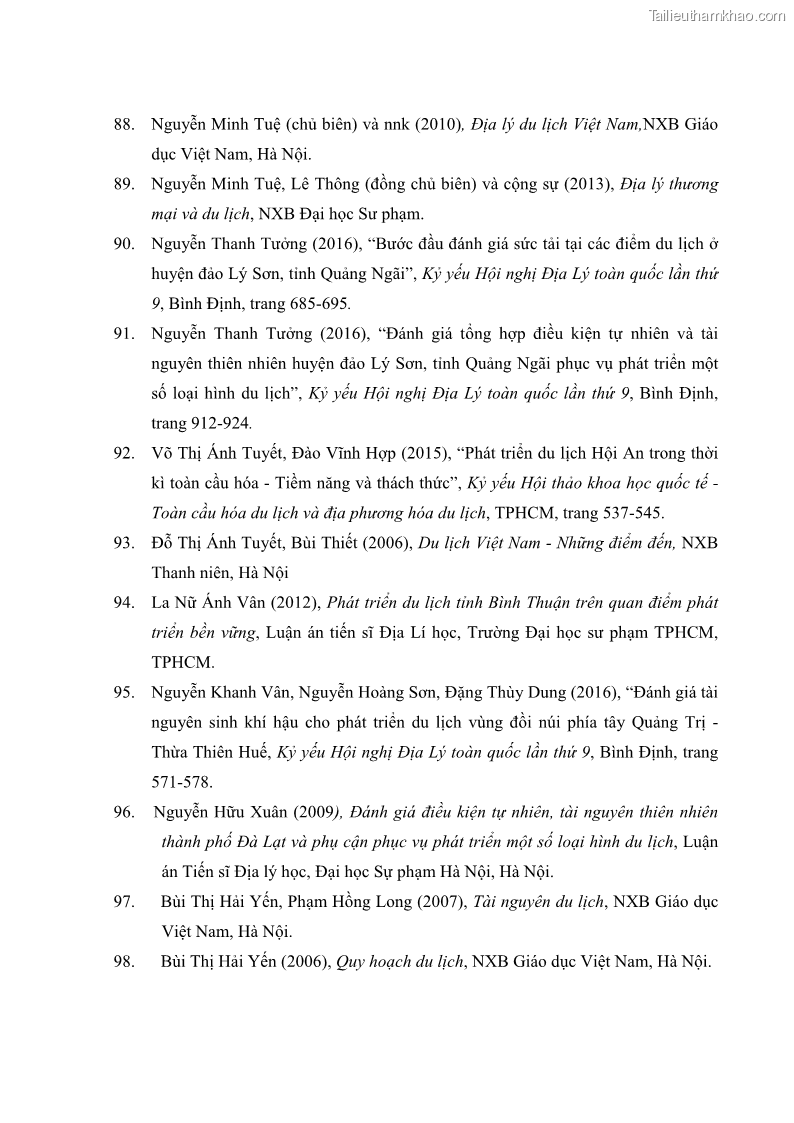 Luận án tiến sĩ địa lý học Phát triển du lịch tỉnh Tây Ninh thời kì hội nhập - 16 Trang 189