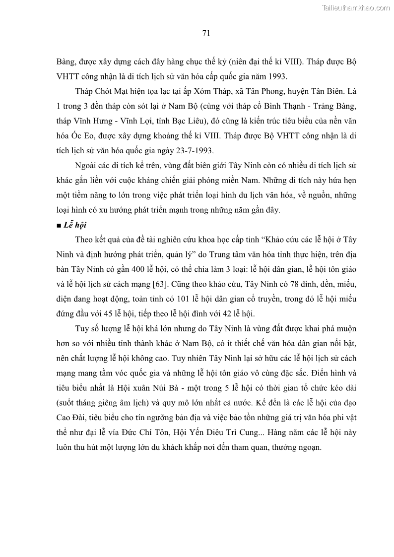 Luận án tiến sĩ địa lý học Phát triển du lịch tỉnh Tây Ninh thời kì hội nhập - 7 Trang 82