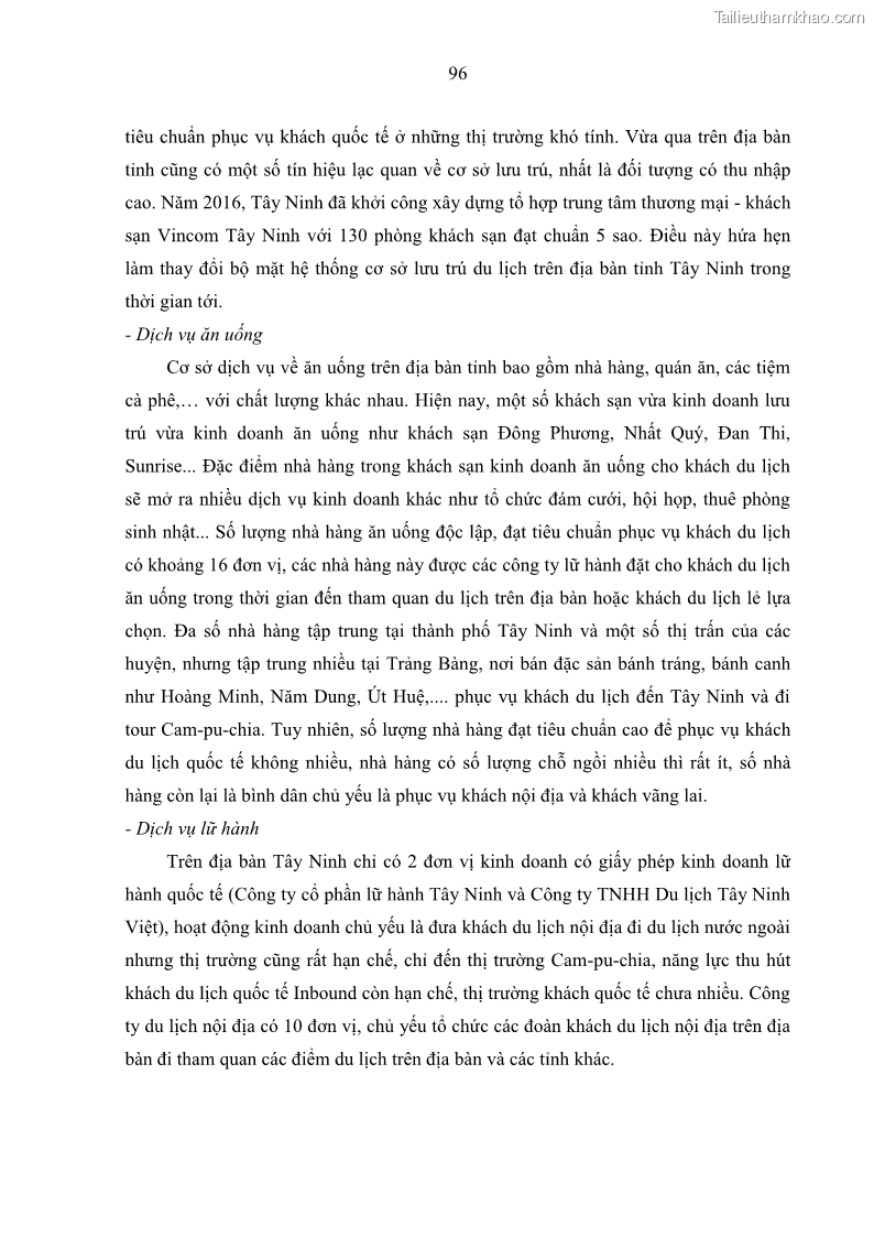 Luận án tiến sĩ địa lý học Phát triển du lịch tỉnh Tây Ninh thời kì hội nhập - 9 Trang 107